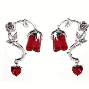 NWT! Ruby Red Rose Pierced Earrings in Silver Tone!